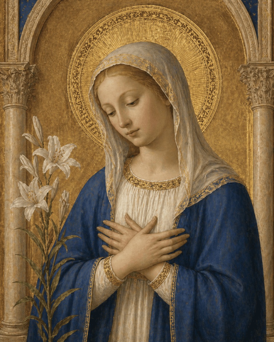 Nossa Senhora com o lírio, símbolo da virgindade perpétua.